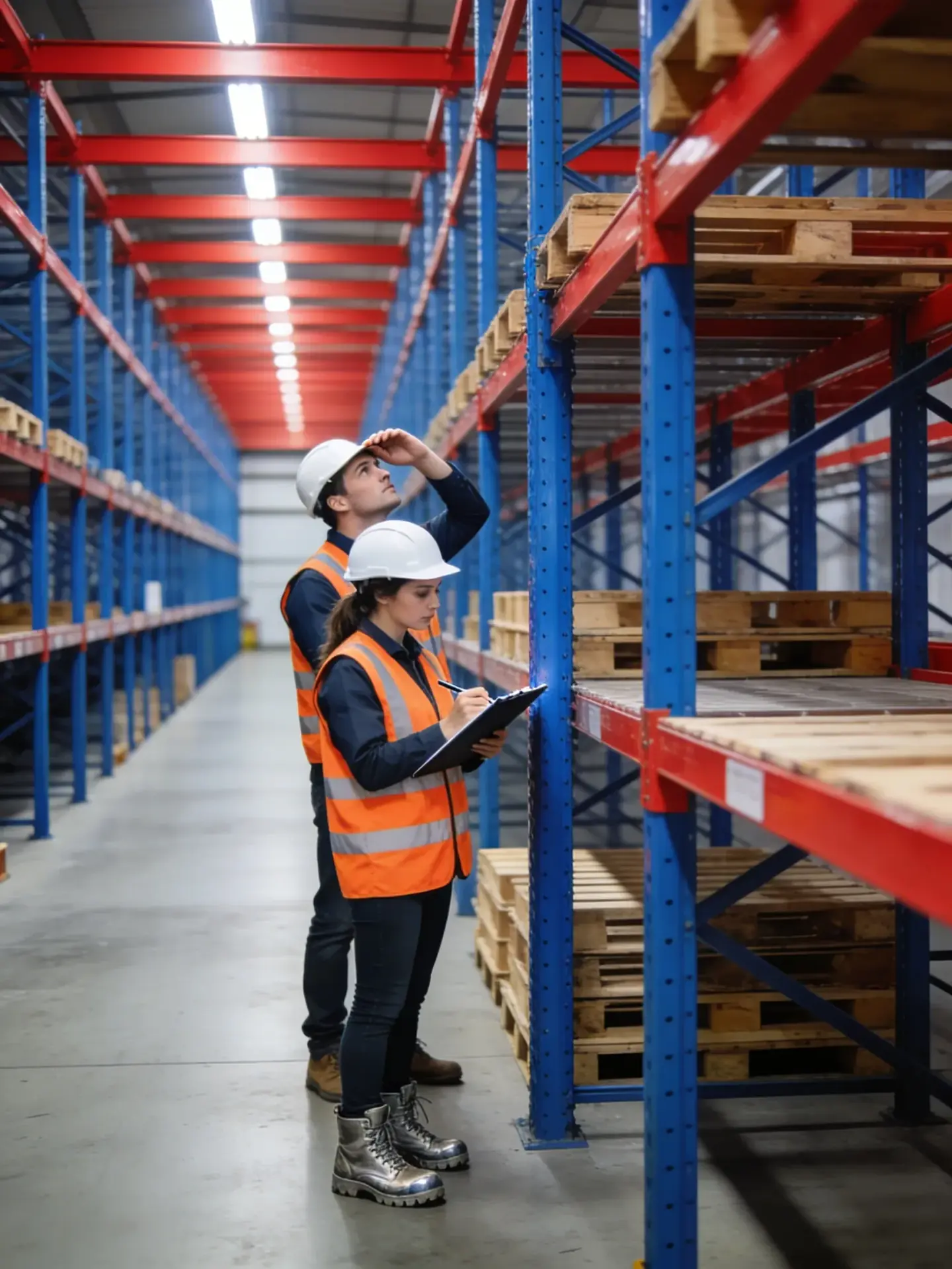 Two inspectors checking pallet racking with a clipboard