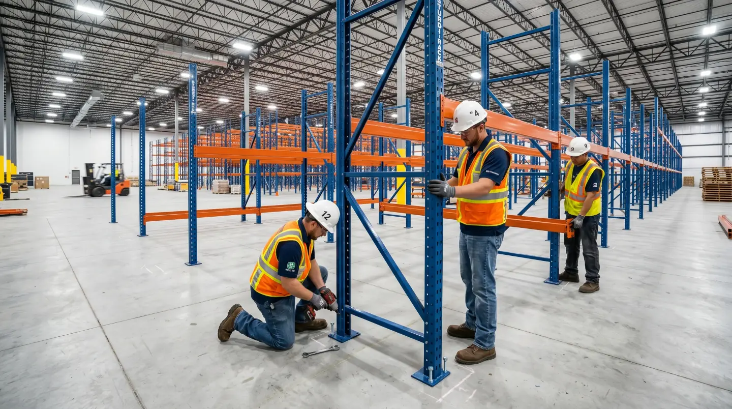 Installers assembling blue and orange pallet racking