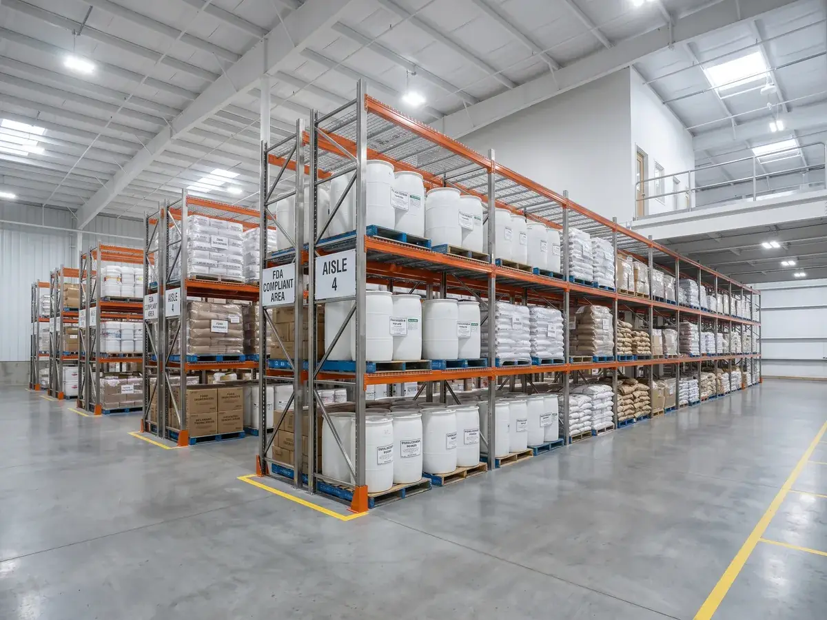 Selective pallet racking holding drums, bagged goods and cartons in a clean warehouse