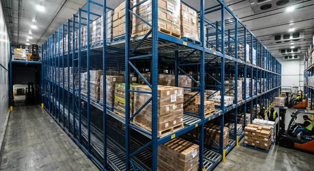 Multi-level blue pallet flow rack with roller lanes, loaded with palletized cartons