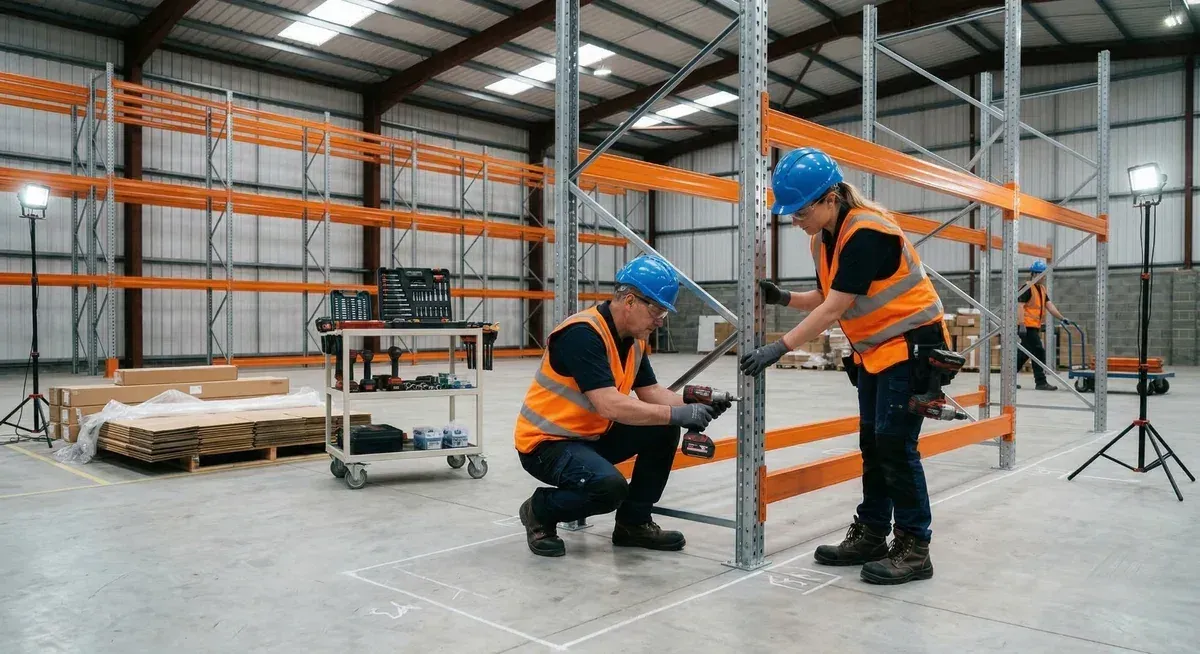 Installers anchoring new uprights and setting orange beams for a pallet rack install