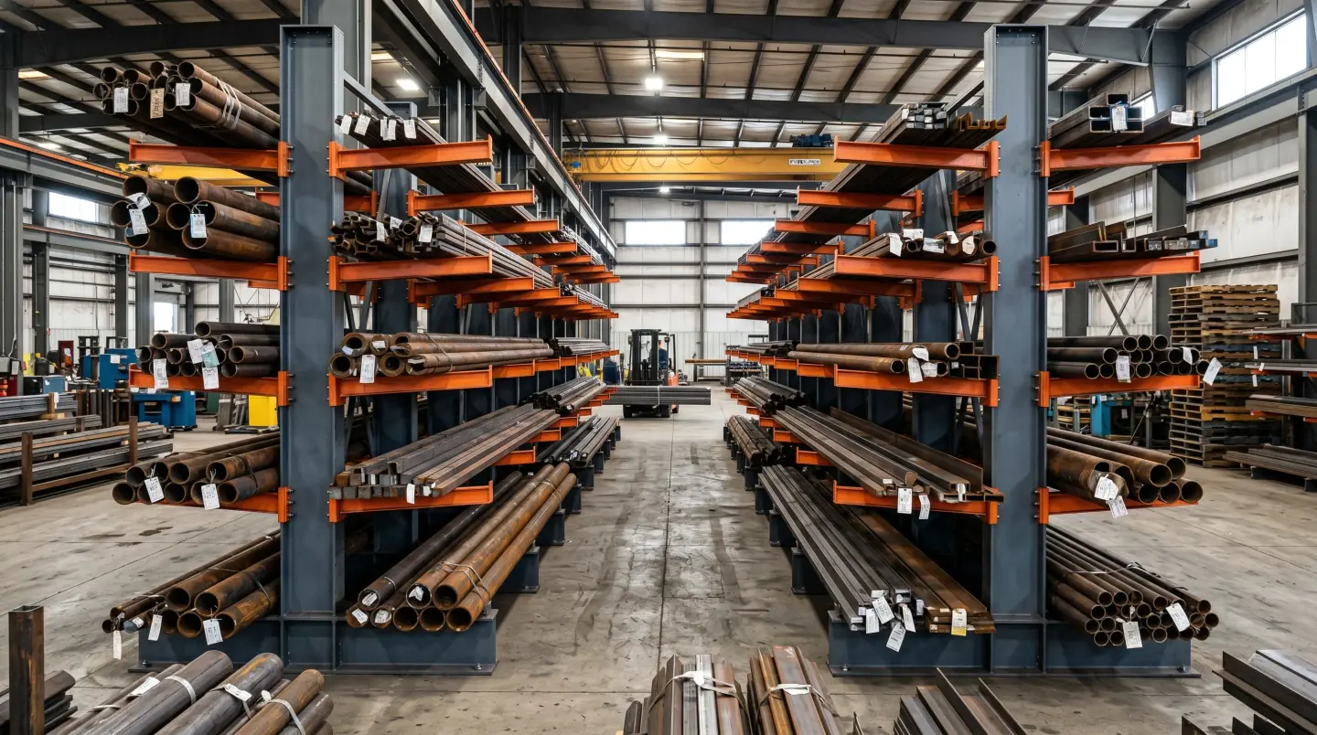 Cantilever racks holding steel pipe in an industrial warehouse