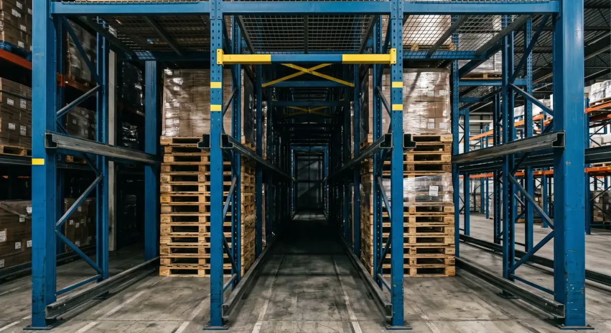 Blue drive-in pallet rack lanes with rail guides, looking down an empty drive-in bay