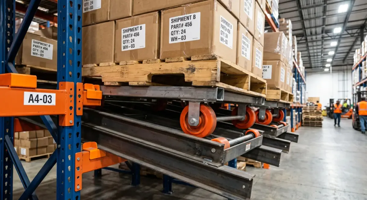 Push-back rack carts on nested rails under loaded pallets, with blue uprights and orange beams
