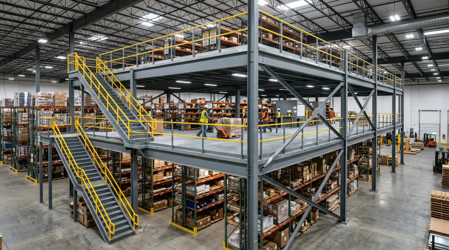 Structural steel mezzanine system installed in a Dulles corridor warehouse