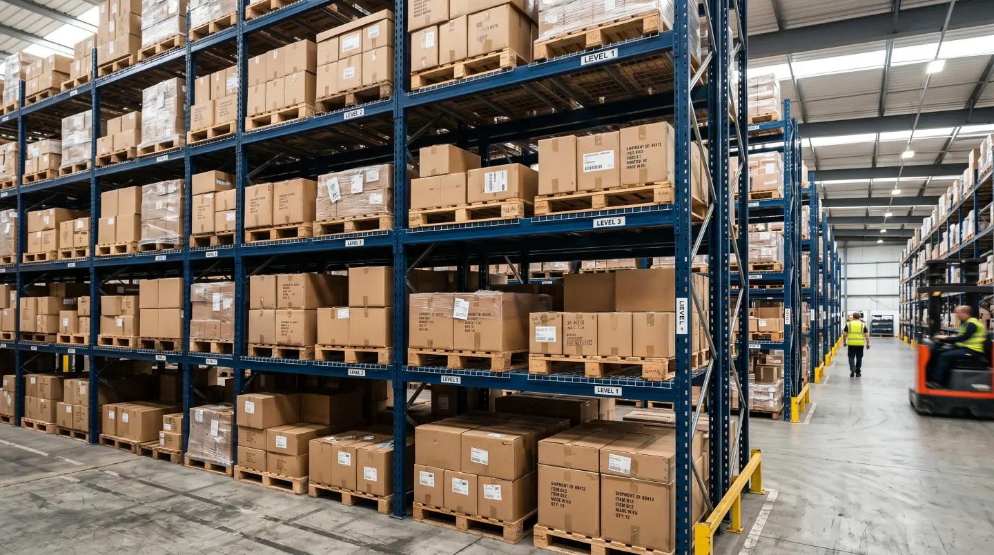 Surplus pallet racking being assessed for buyback in a Dulles corridor warehouse
