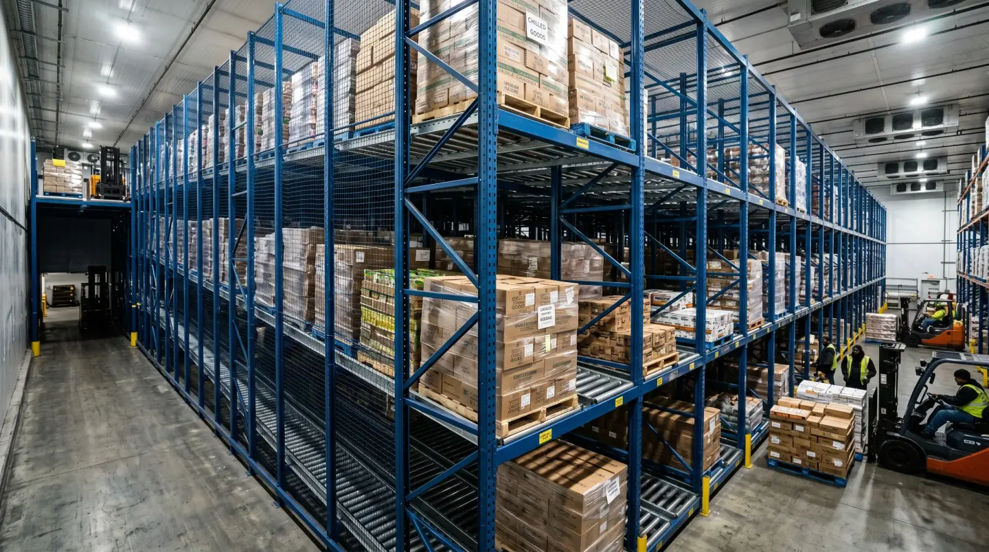 Deep-lane pallet flow rack with gravity rollers in a Dulles corridor refrigerated distribution center