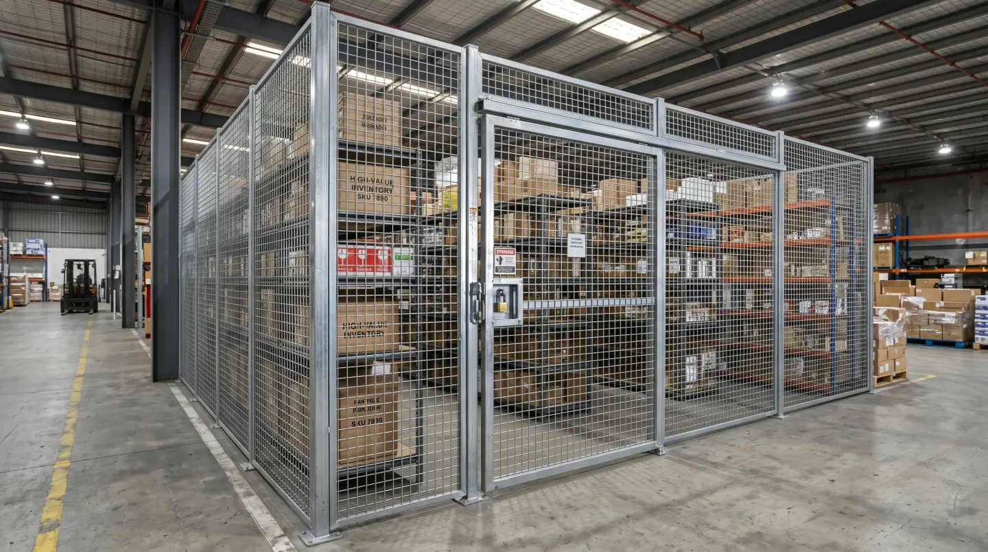 Wire mesh partition system securing inventory in a Dulles corridor warehouse